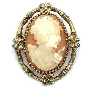 KAREN LYNNE shell cameo vtg pin pendant - 1.5" gold over sterling vermeil brooch
